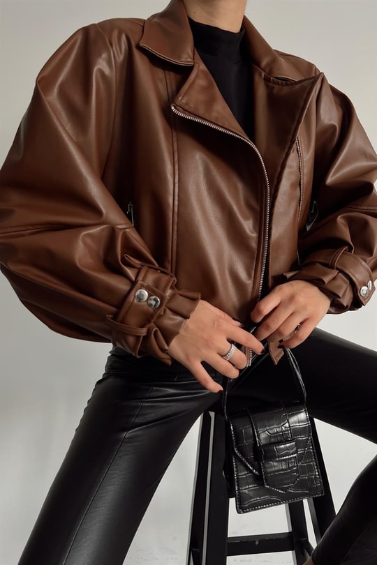Balon Kollu Deri Biker Ceket Taba