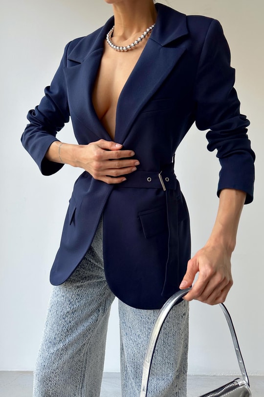 Bel Kemerli Blazer Ceket Lacivert