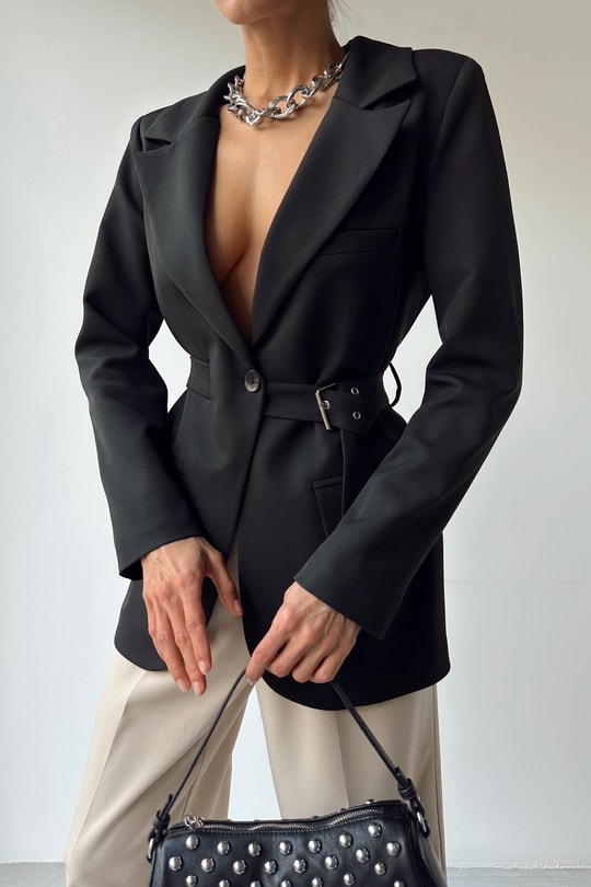 Bel Kemerli Blazer Ceket Siyah