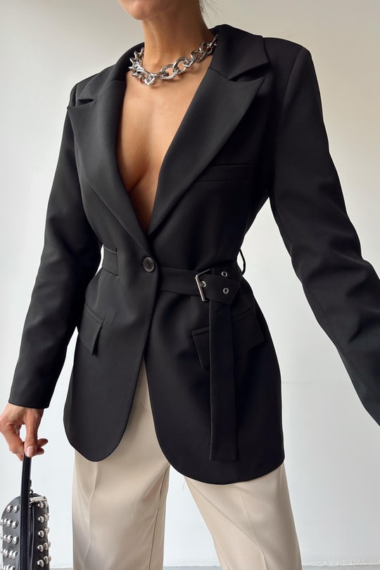 Bel Kemerli Blazer Ceket Siyah