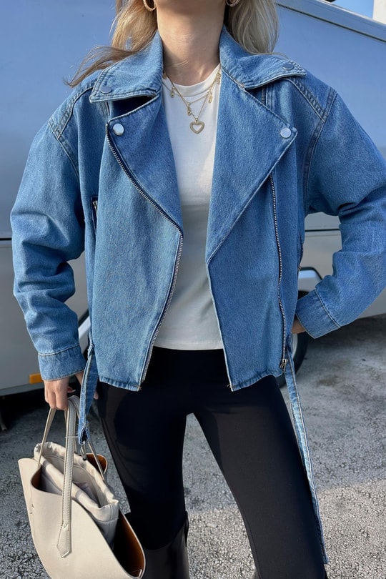 Biker Denim Ceket Mavi