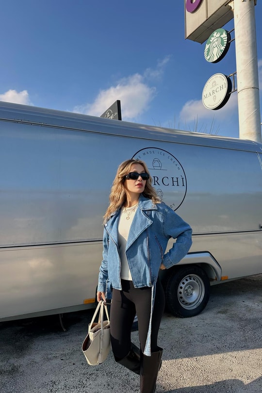 Biker Denim Ceket Mavi