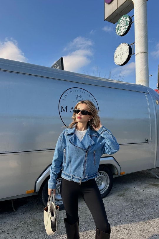 Biker Denim Ceket Mavi