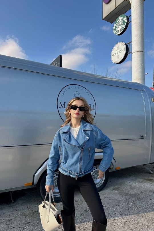 Biker Denim Ceket Mavi