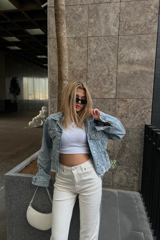 Çakımlı Denim Ceket Buz Mavi