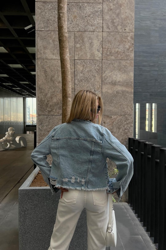 Çakımlı Denim Ceket Buz Mavi