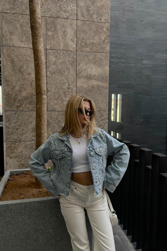 Çakımlı Denim Ceket Buz Mavi