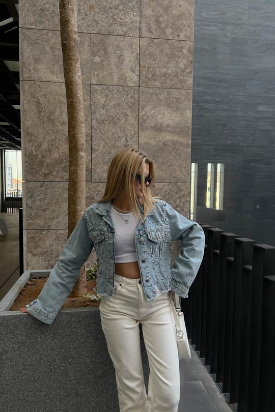 Çakımlı Denim Ceket Buz Mavi