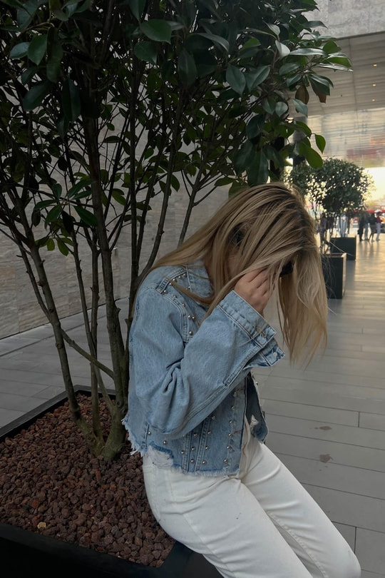 Çakımlı Denim Ceket Buz Mavi