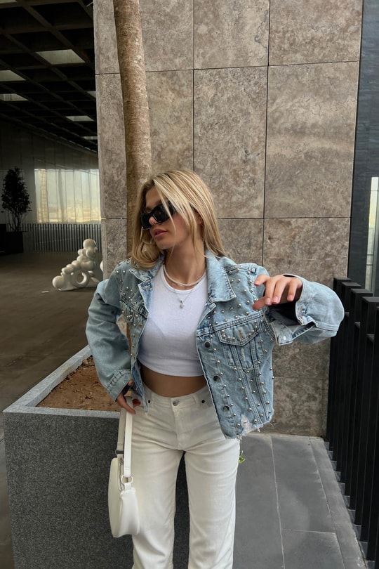 Çakımlı Denim Ceket Buz Mavi