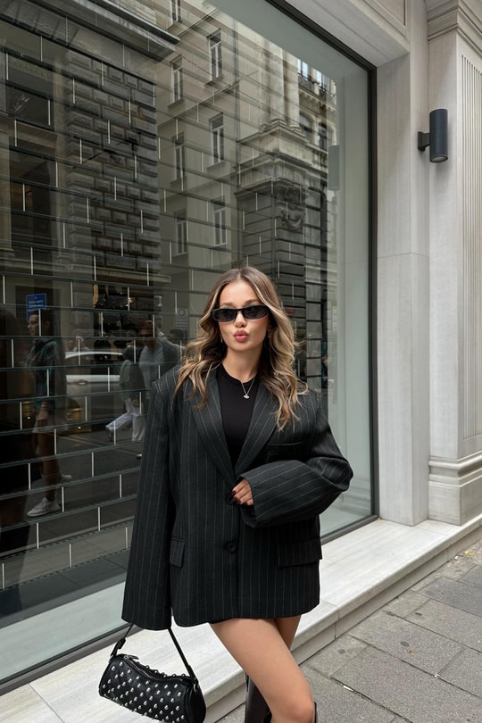 Çift Düğme Çizigili Blazer Ceket Siyah