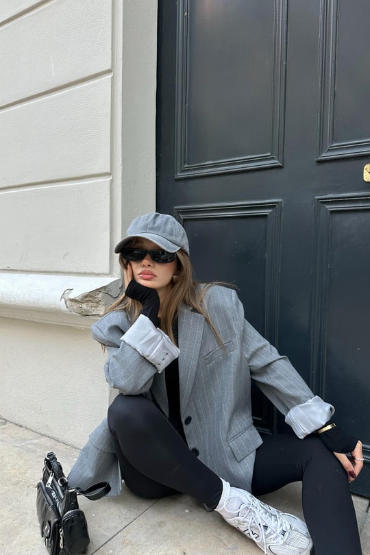 Çift Düğme Çizigili Blazer Ceket Gri