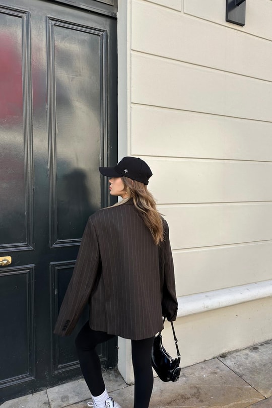 Çift Düğme Çizigili Blazer Ceket Kahve