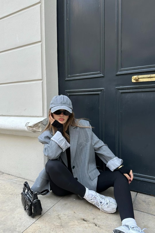 Çift Düğme Çizigili Blazer Ceket Gri