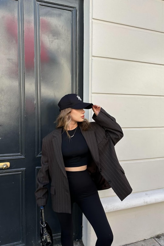 Çift Düğme Çizigili Blazer Ceket Kahve