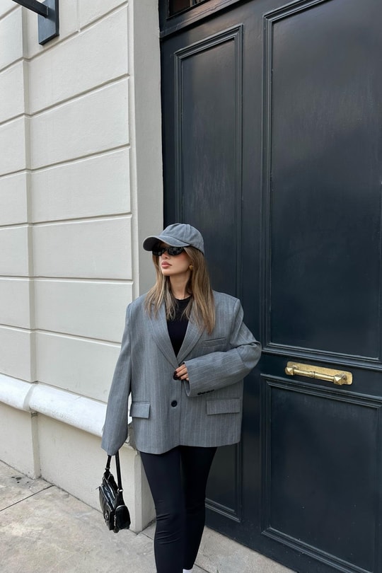 Çift Düğme Çizigili Blazer Ceket Gri