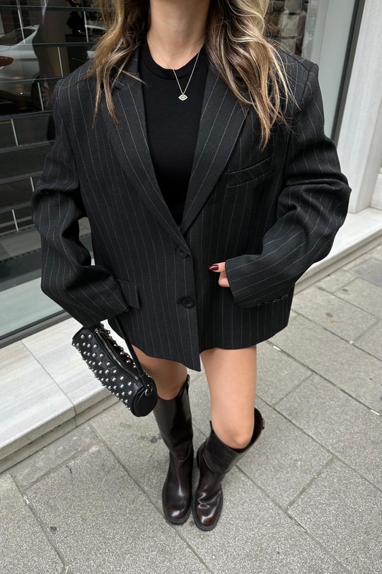 Çift Düğme Çizigili Blazer Ceket Siyah