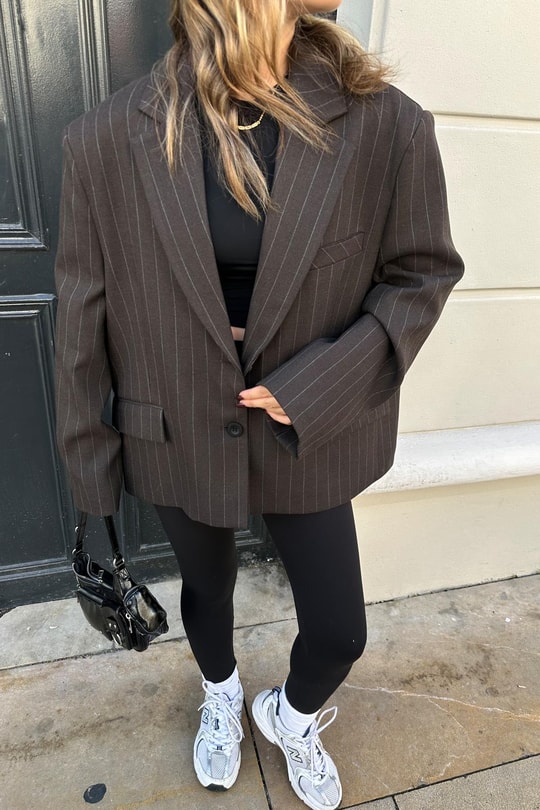 Çift Düğme Çizigili Blazer Ceket Kahve