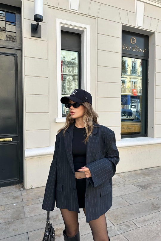 Çift Düğme Çizigili Blazer Ceket Lacivert