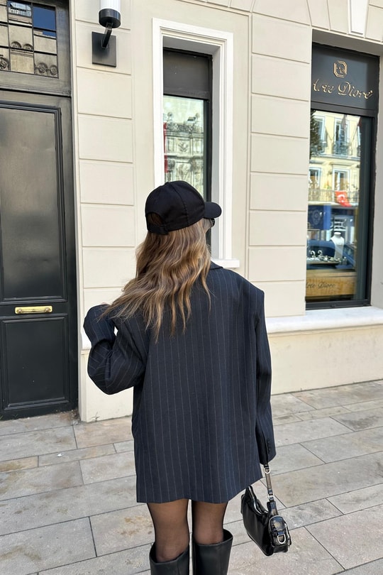 Çift Düğme Çizigili Blazer Ceket Lacivert
