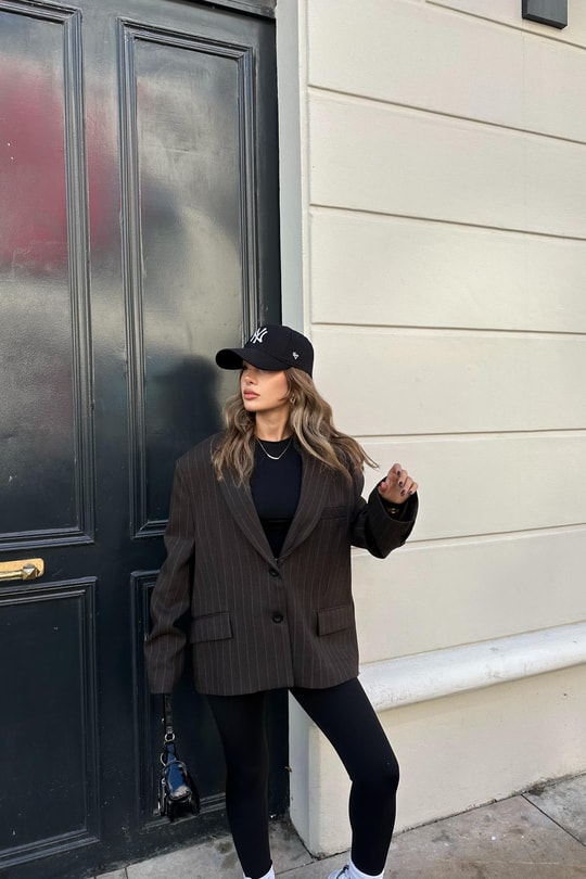 Çift Düğme Çizigili Blazer Ceket Kahve