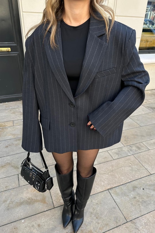 Çift Düğme Çizigili Blazer Ceket Lacivert