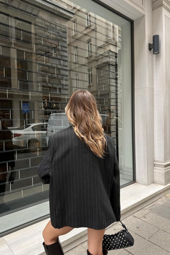 Çift Düğme Çizigili Blazer Ceket Siyah