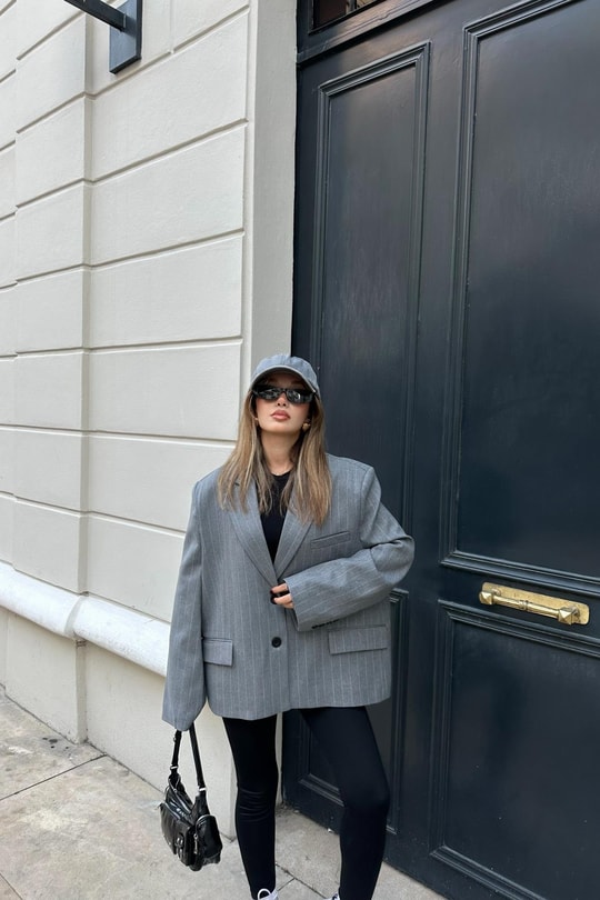 Çift Düğme Çizigili Blazer Ceket Gri