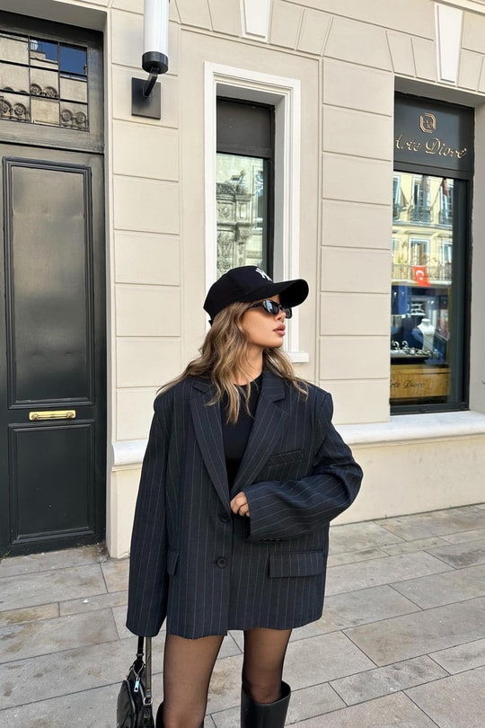 Çift Düğme Çizigili Blazer Ceket Lacivert