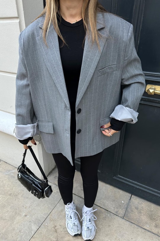 Çift Düğme Çizigili Blazer Ceket Gri