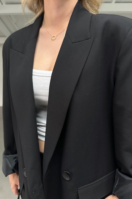 Çift Düğme Poliviskon Blazer Ceket Siyah