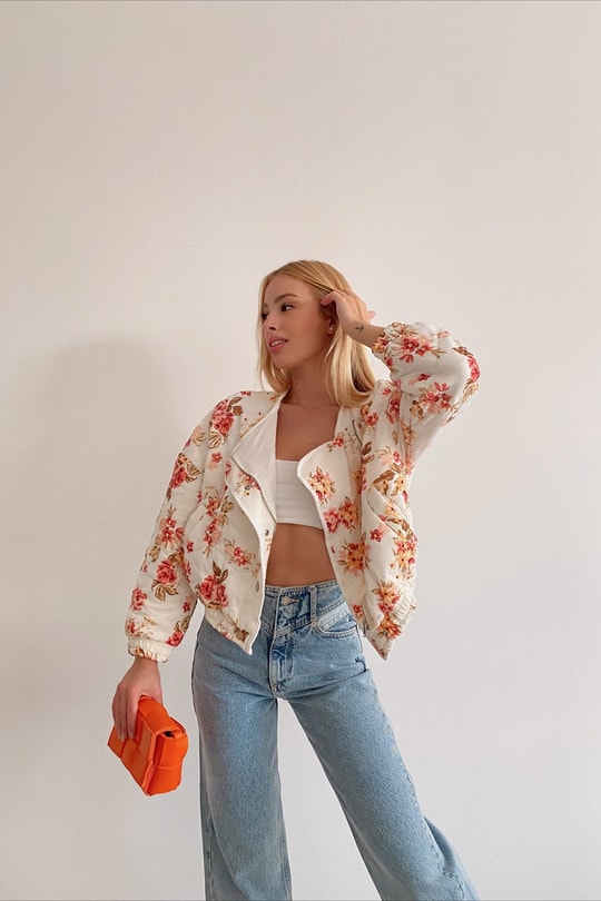 Çıtçıtlı Flower Ceket Beyaz