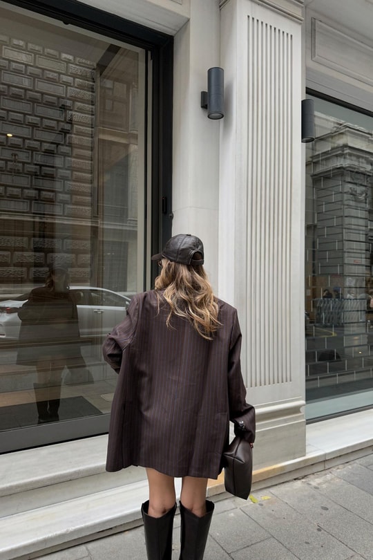 Çizgili Kahve Blazer Ceket Kahve