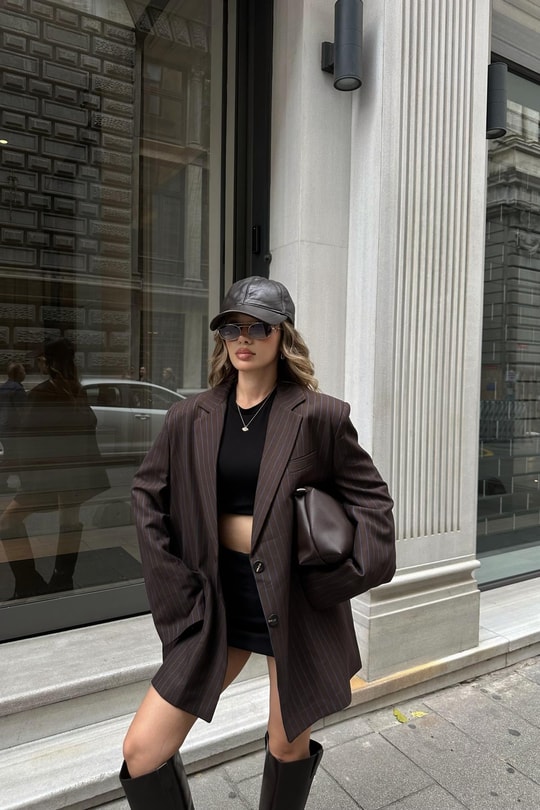 Çizgili Kahve Blazer Ceket Kahve