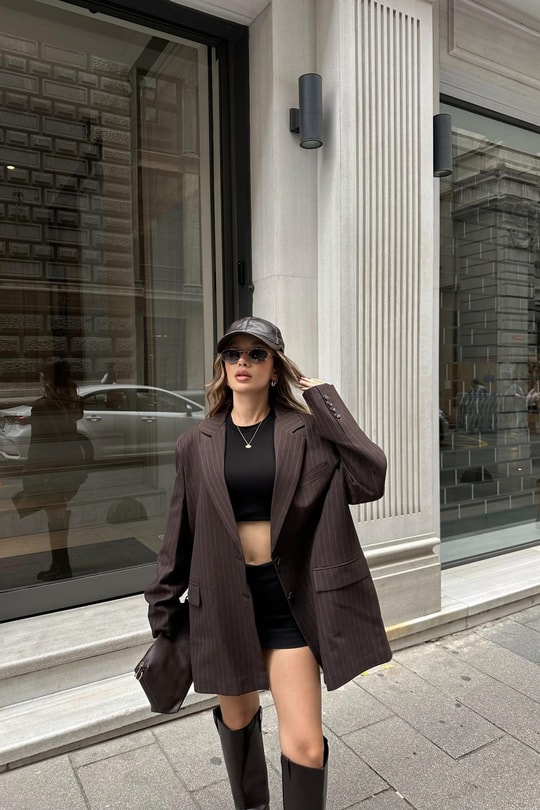 Çizgili Kahve Blazer Ceket Kahve