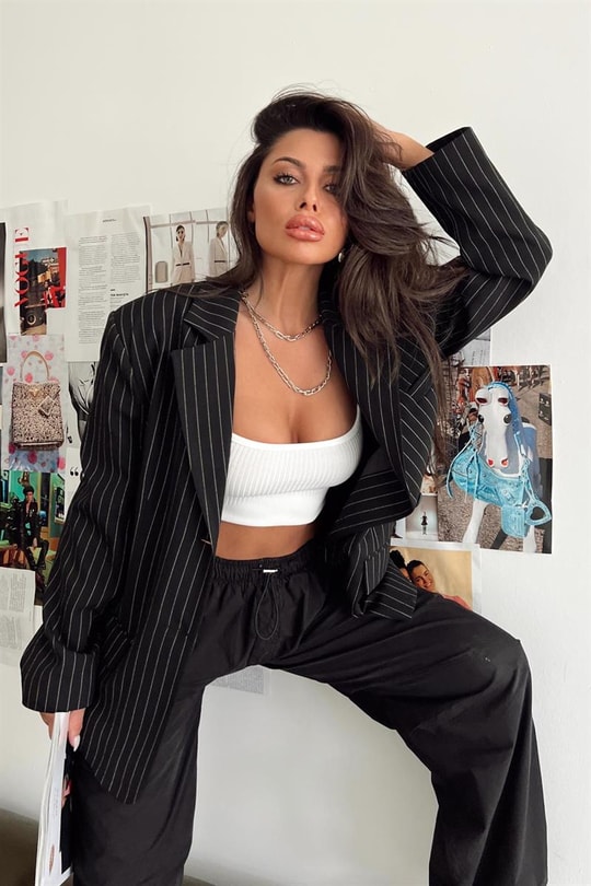 Çizgili Kruvaze Blazer Ceket Siyah