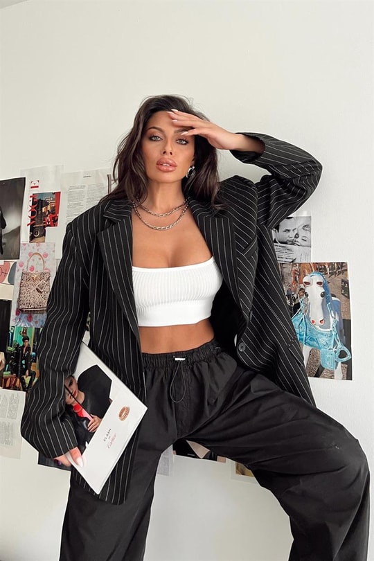 Çizgili Kruvaze Blazer Ceket Siyah