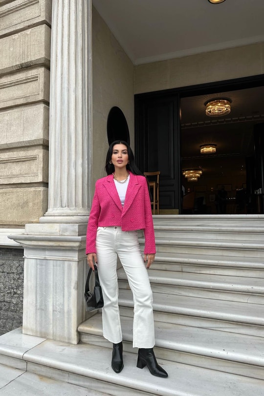 Crop Tüvit Blazer Ceket Fuşya