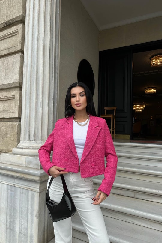 Crop Tüvit Blazer Ceket Fuşya