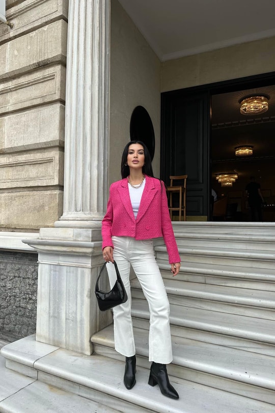 Crop Tüvit Blazer Ceket Fuşya