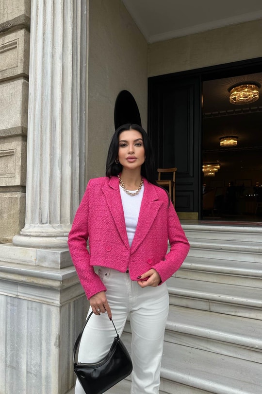 Crop Tüvit Blazer Ceket Fuşya