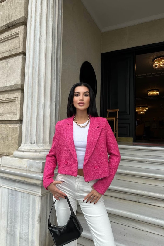 Crop Tüvit Blazer Ceket Fuşya