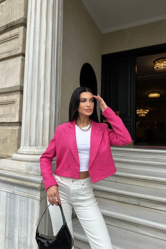 Crop Tüvit Blazer Ceket Fuşya