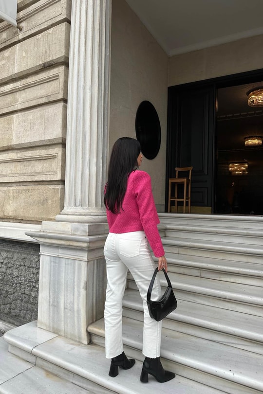 Crop Tüvit Blazer Ceket Fuşya