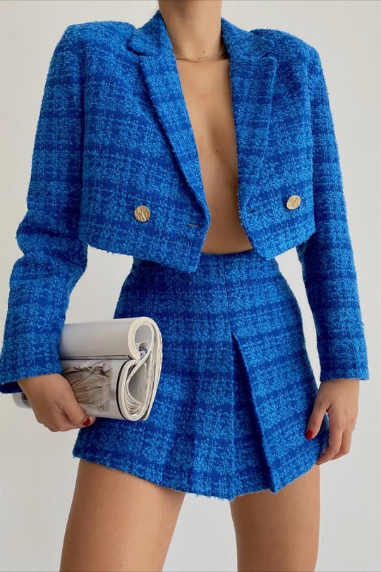 Crop Tüvit Ceket Saks Mavisi