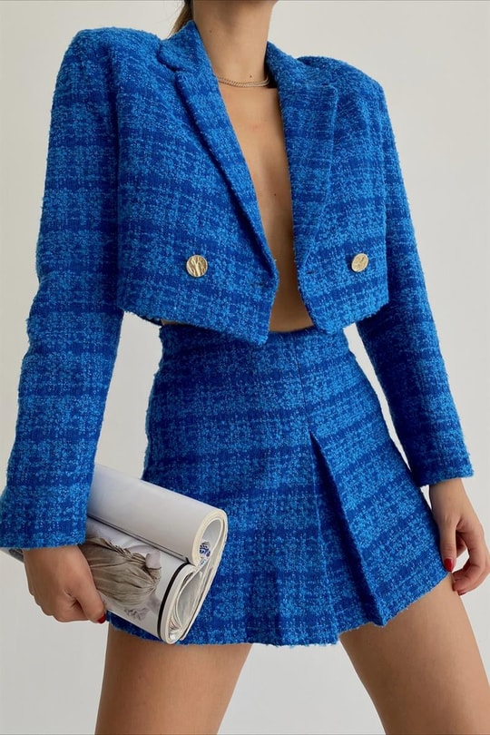 Crop Tüvit Ceket Saks Mavisi