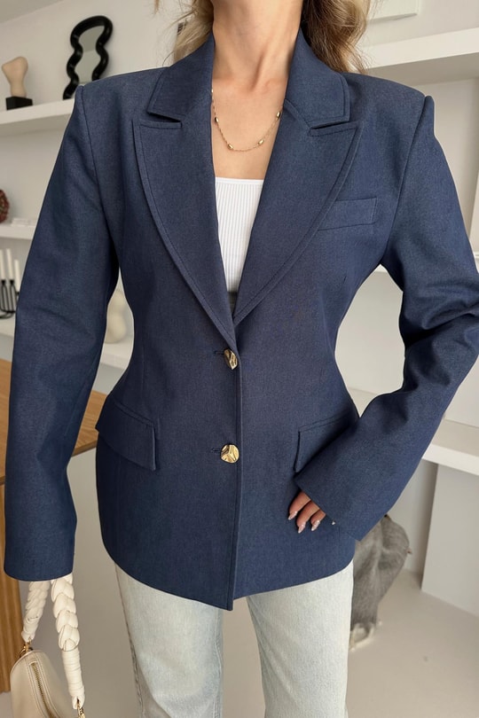 Denim Belden Oturtmalı Blazer Ceket Lacivert