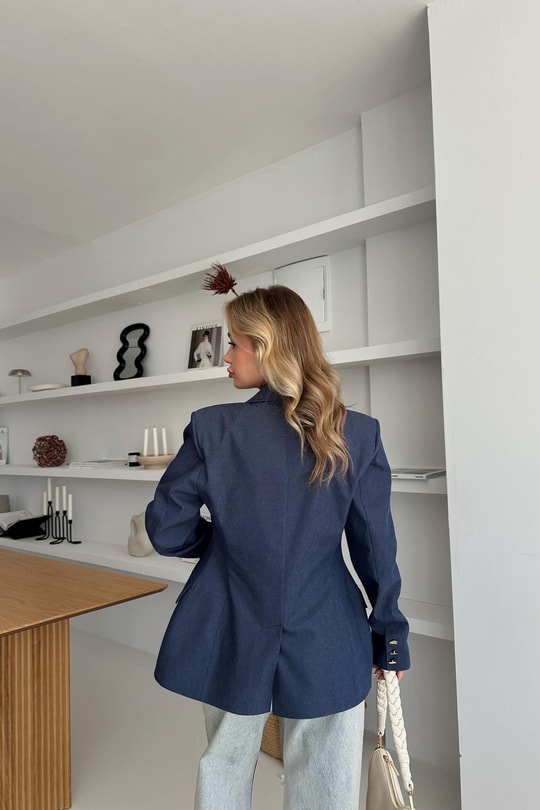 Denim Belden Oturtmalı Blazer Ceket Lacivert