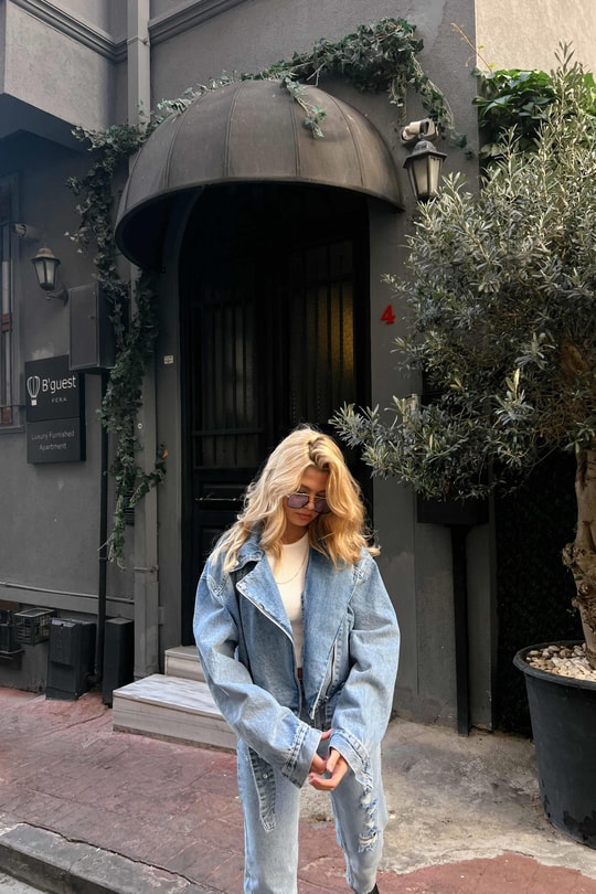 Denim Biker Ceket Mavi