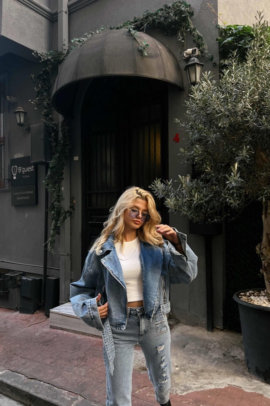 Denim Biker Ceket Mavi